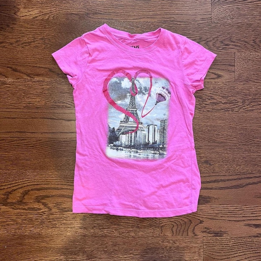 Y2K Hot Pink Eiffel Tower Paris Graphic Baby Tee Glitter Heart Size XS